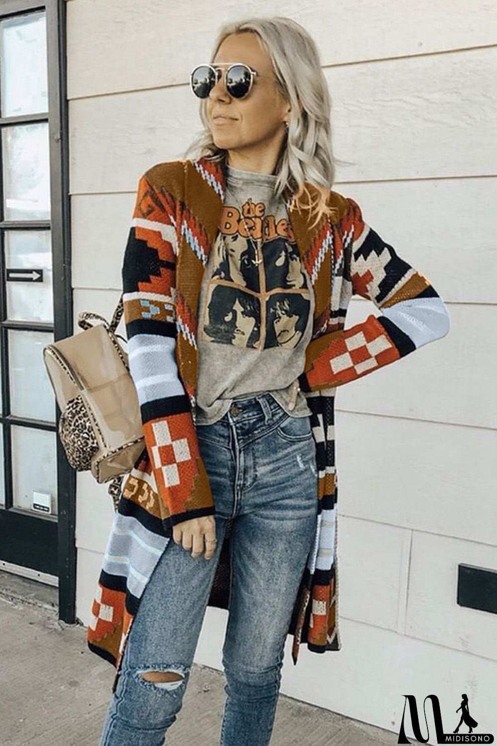 MidiSono - Multicolor Ethnic Style Knee Length Open Front Cardigan