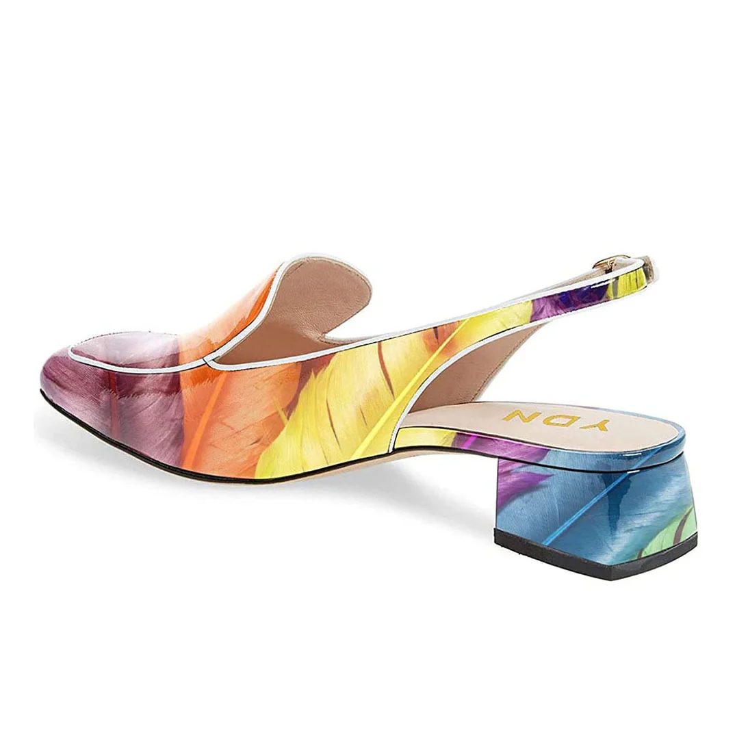 Colorful Feather Printed Patent Leather Block Heel Slingback Loafers 