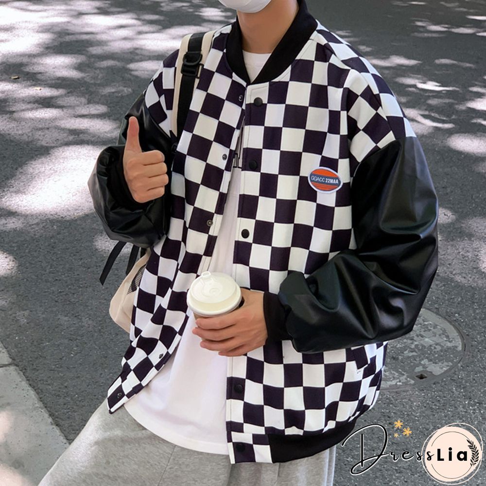 Stylish Patchwork Stand-Up Collar Checkerboard Jacket