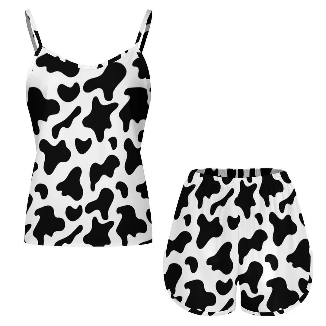 Woherb Woherb Spring And Summer Hot Selling Cow Print Satin Pajamas Shorts Suspenders Can Be Worn Outside Two Sets-Outfit Ideas