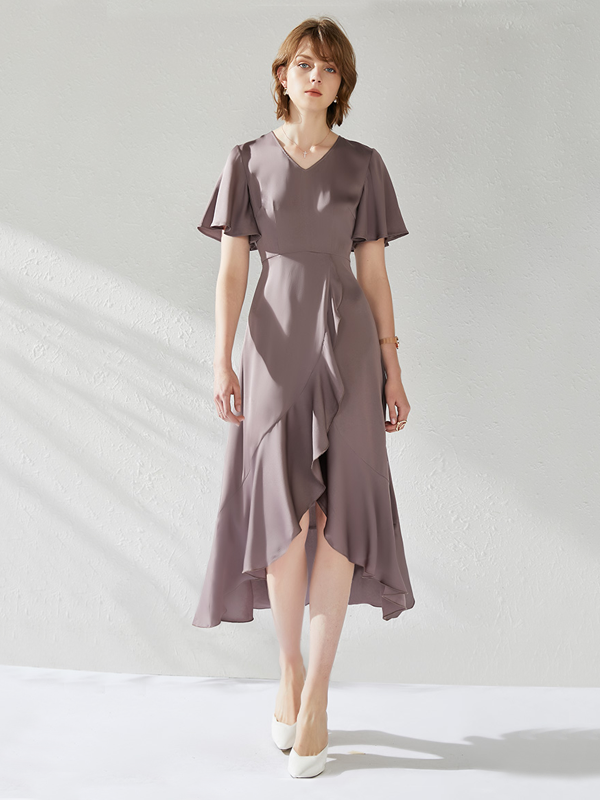 Solid Chic Hem Purple Silk Dress