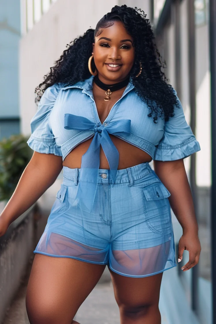 Xpluswear Design Plus Size Vacation Light Blue Casual Shirt Collar Short Sleeve Bow Tie Tencel Denim Two Piece Short Sets [Pre-Order] 2024 - Xpluswear