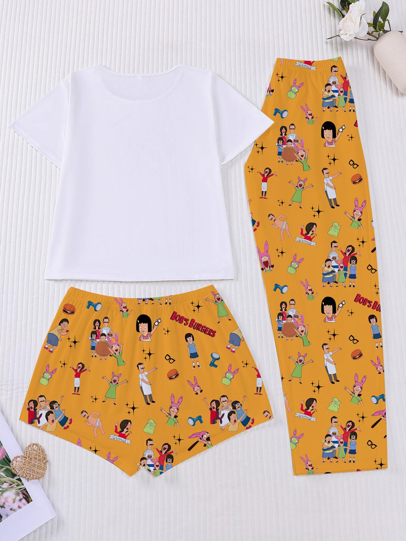 Women's Bob's Burgers Cartoon All-Over Print Pajama Set, Short-Sleeve & Long Shorts Loungewear, Three-Piece Sleepwear, Matching Pajamas