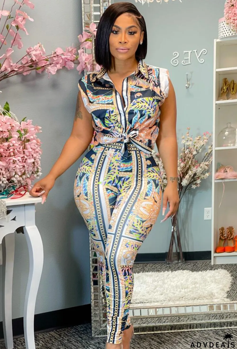 Summer Print Retro Classy Blouse and Pants 2pc Set