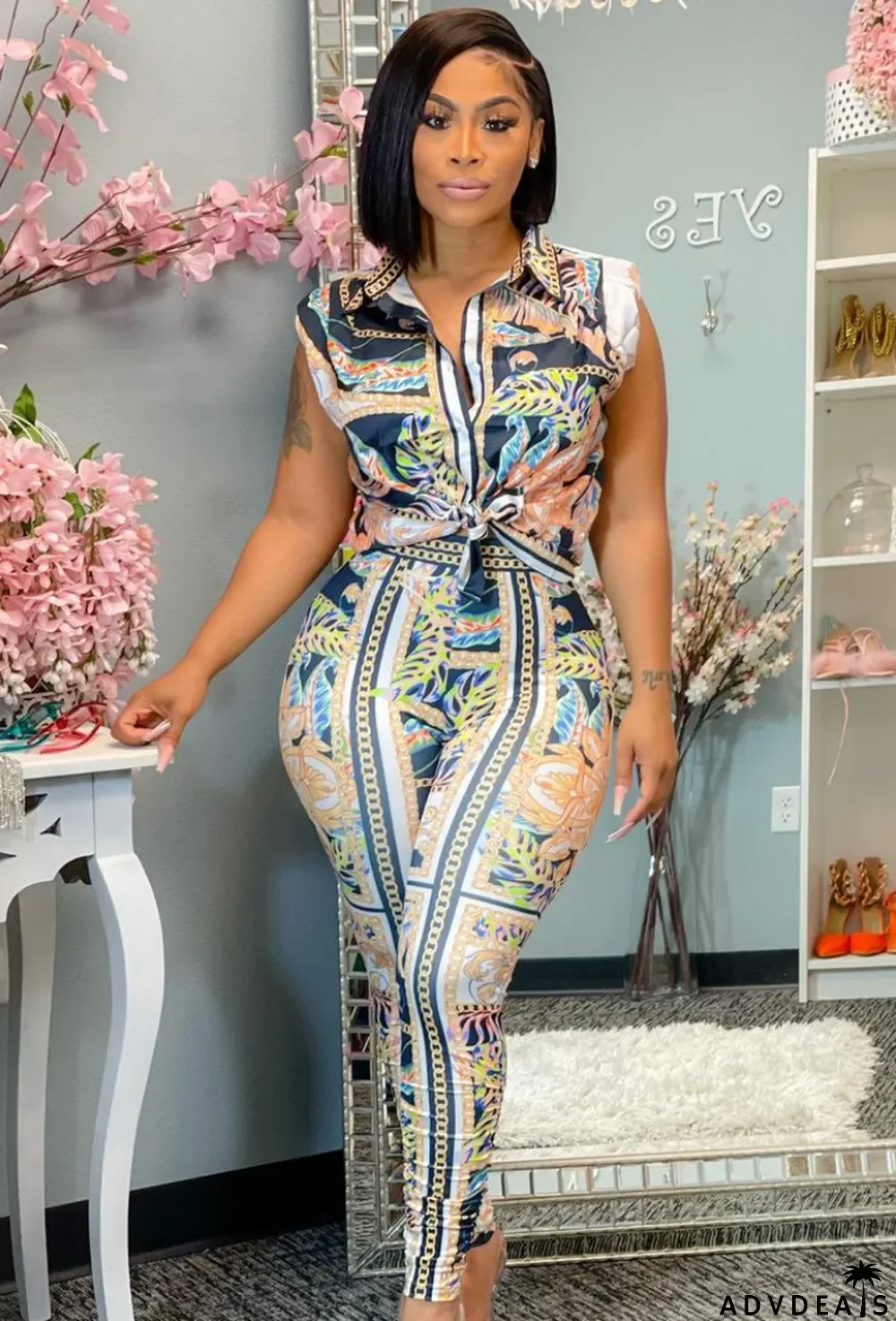 Summer Print Retro Classy Blouse and Pants 2pc Set