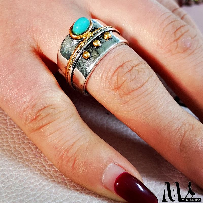 MidiSono - Classic Neutral Turquoise Inlay Gold Border Finger Ring