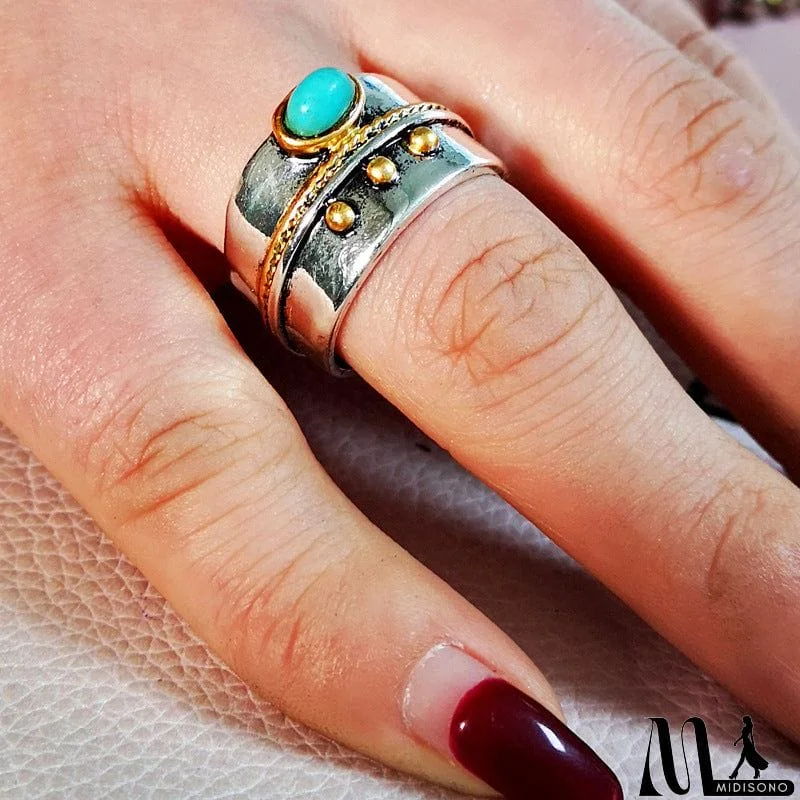 MidiSono - Classic Neutral Turquoise Inlay Gold Border Finger Ring