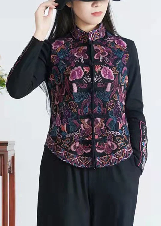 Loose Black Embroideried Chinese Button Patchwork Linen Waistcoat Sleeveless
