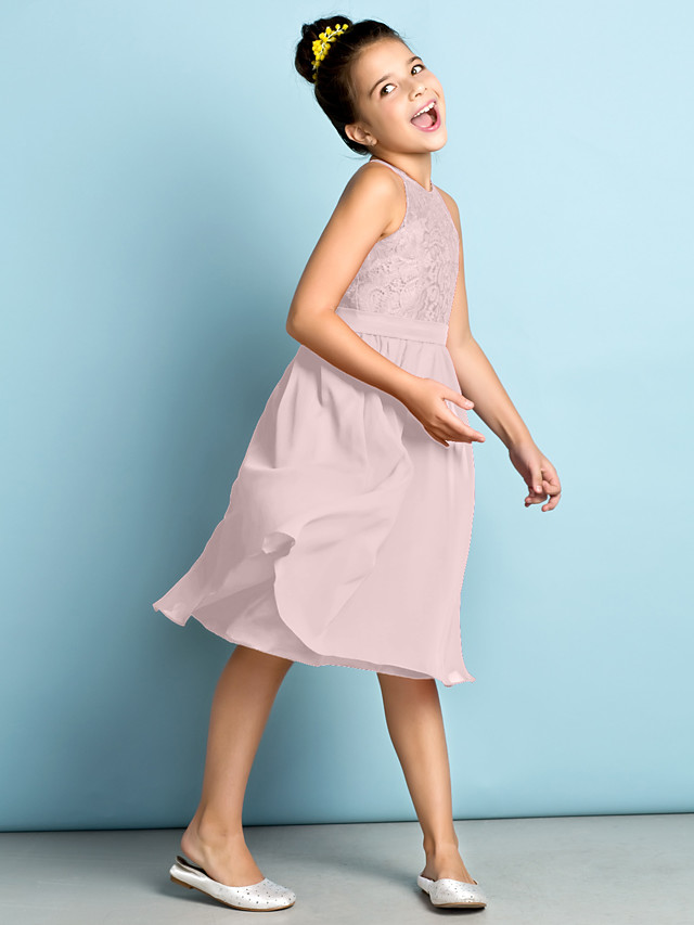 Daisda A-Line Jewel Neck Knee Length  Flower Girl Dress With Lace 