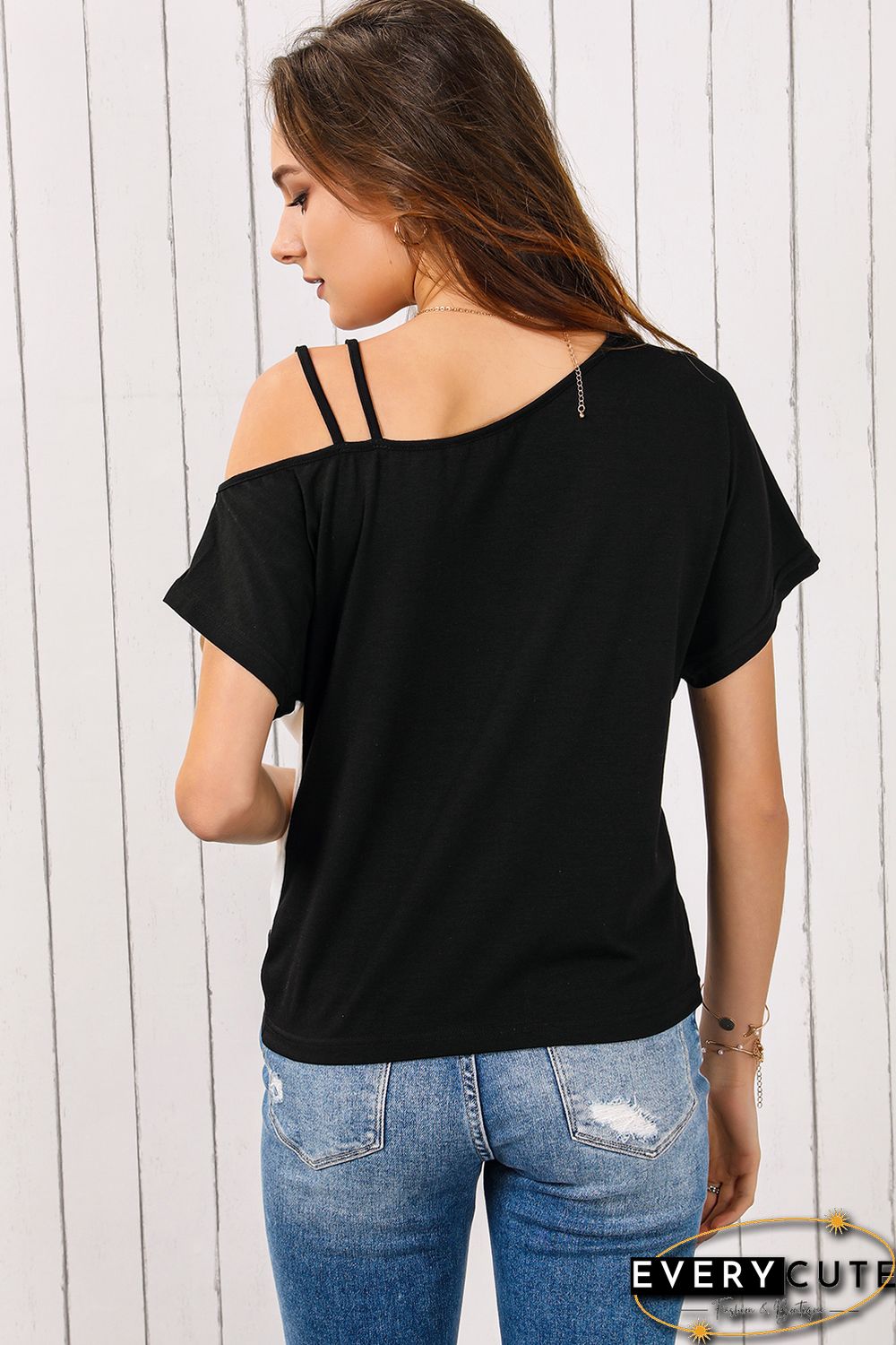 Black Asymmetric Colorblock Strappy Cold Shoulder Twist Hem Top
