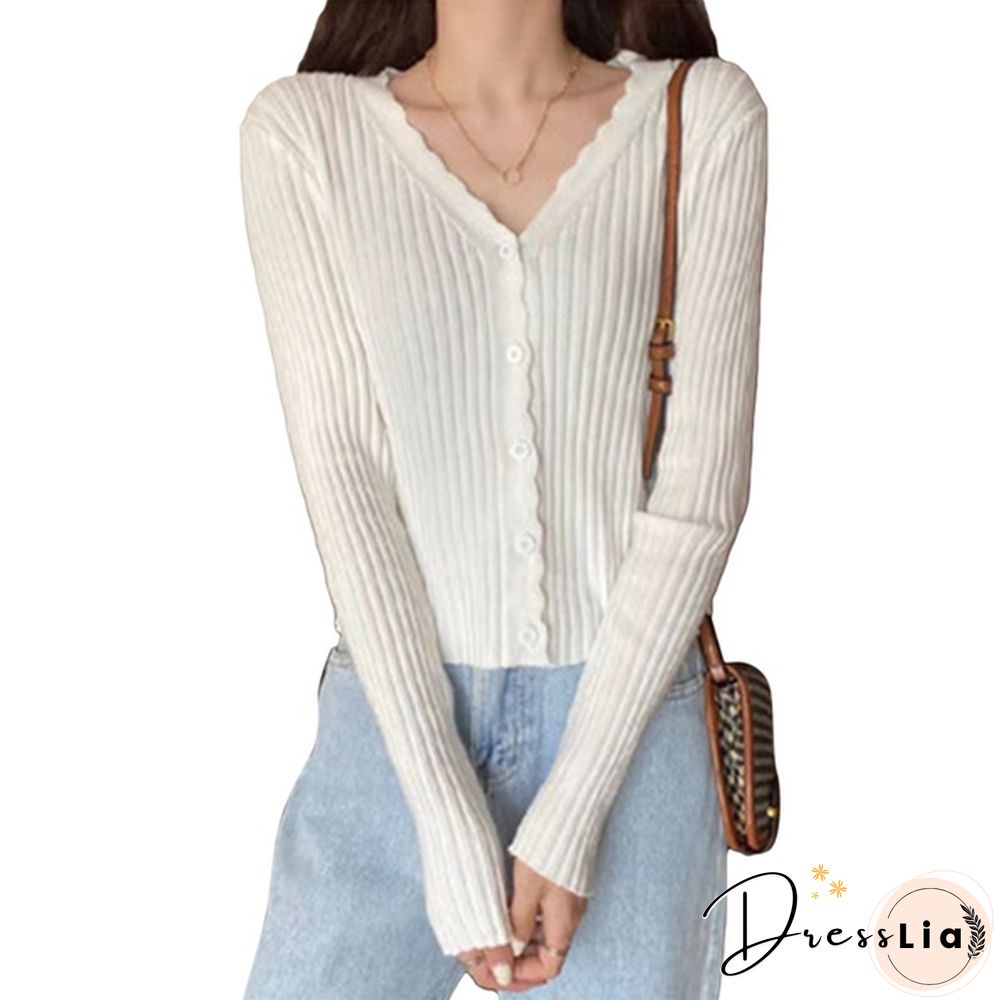 Women's V-neck Long-sleeved Thin Cardigan Short Loose Lazy Top Spring and Autumn