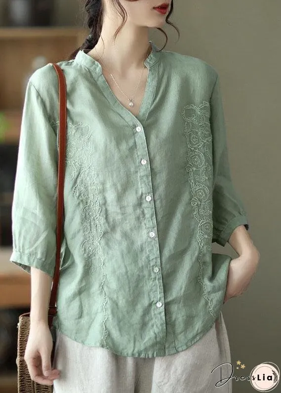 French yellow flower Embroidered V Neck Ramie Blouse Top Summer