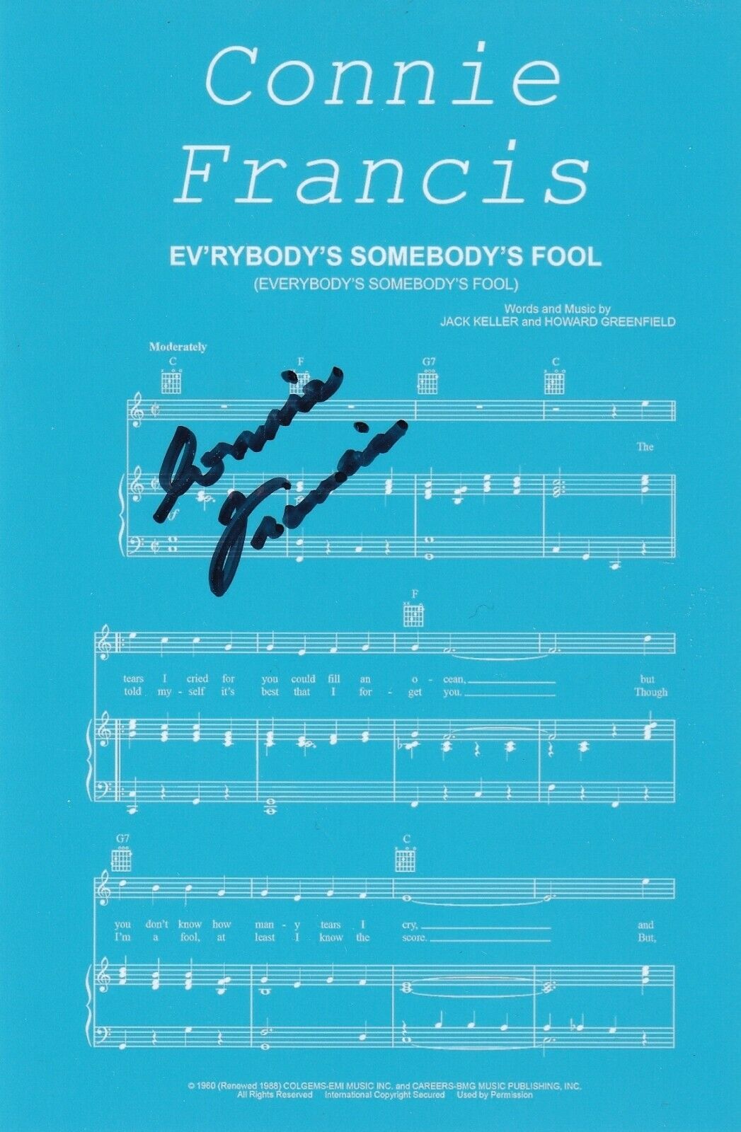 Connie Francis REAL hand SIGNED 4x6 Ev'rybody's Somebody's Fool Sheet Music COA