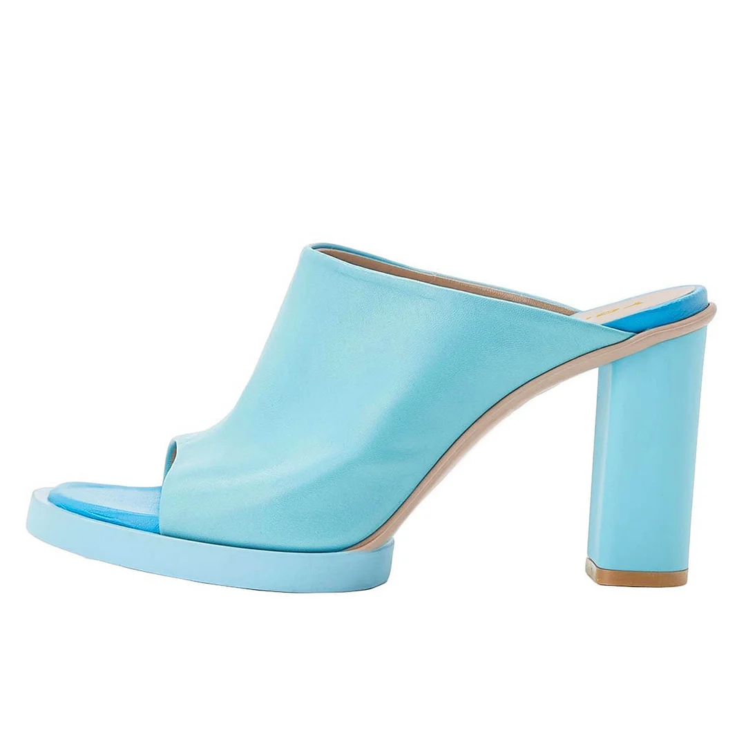 Sky Blue Open Toe Slip-On Chunky Heel Slide Shoes for Women