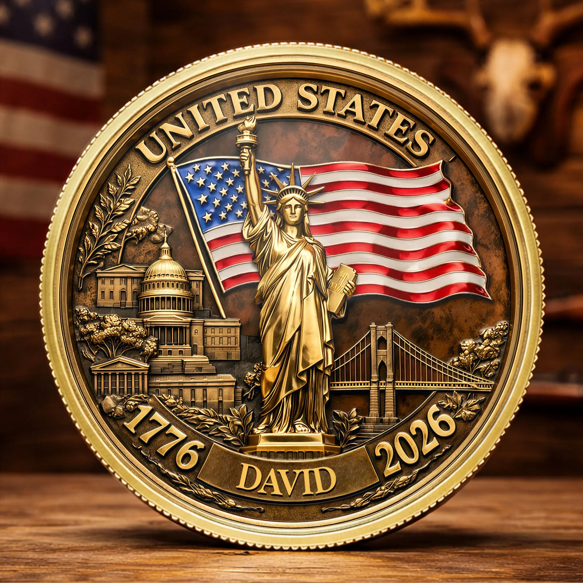 United States Statue Of Liberty And American Flag Patriotic Landmark Design - Custom Commemorative Coin - INDE156_KCOIN