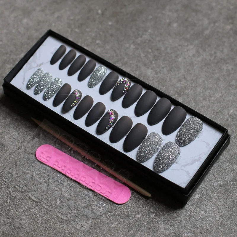 Matte glitter art nails box Match press on nails Burgundy AB rhinestone fasle nails stiletto Custom nails white blue pink-Nail Inspo