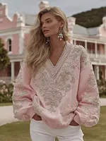 Women's Vintage Flower Embroidery Art V-neck Casual Sweatshirt