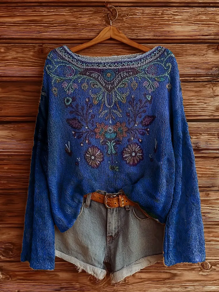 Women's Vintage Ethnic Floral Tattoo Pattern Art Print Casual Pullover Sweater