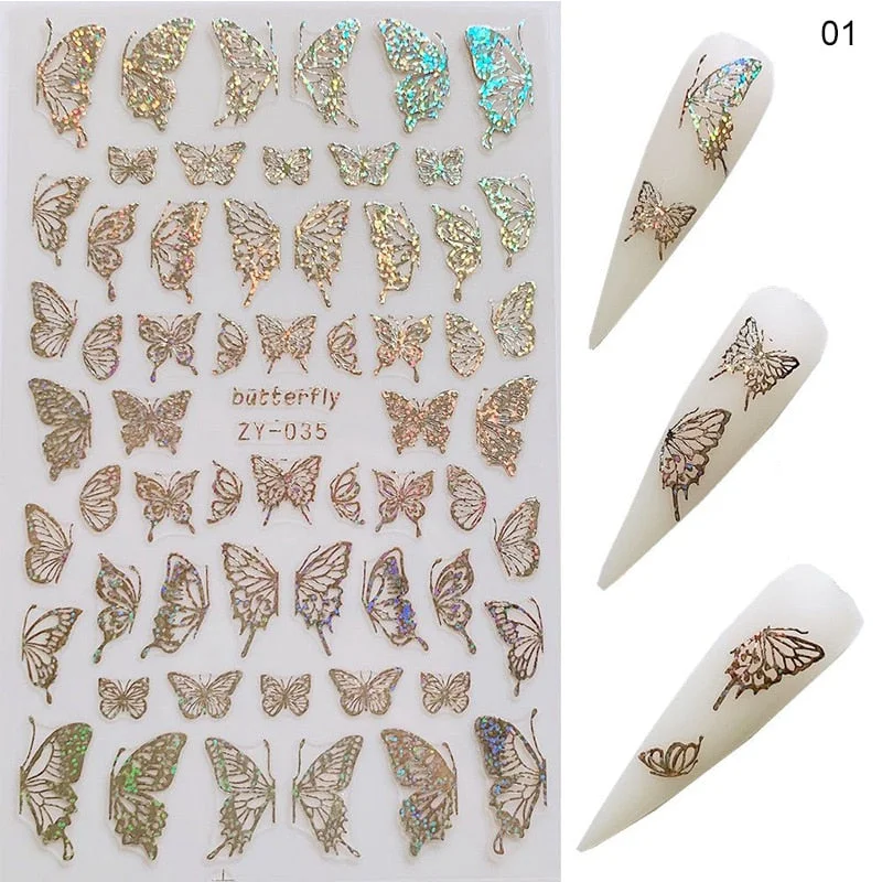 1 Sheet Laser Butterfly Gold Silver Black White 3D Nail Stickers Butterflies Heart Nail Decals Slider DIY Nail Art Decotaion-Nail Inspo