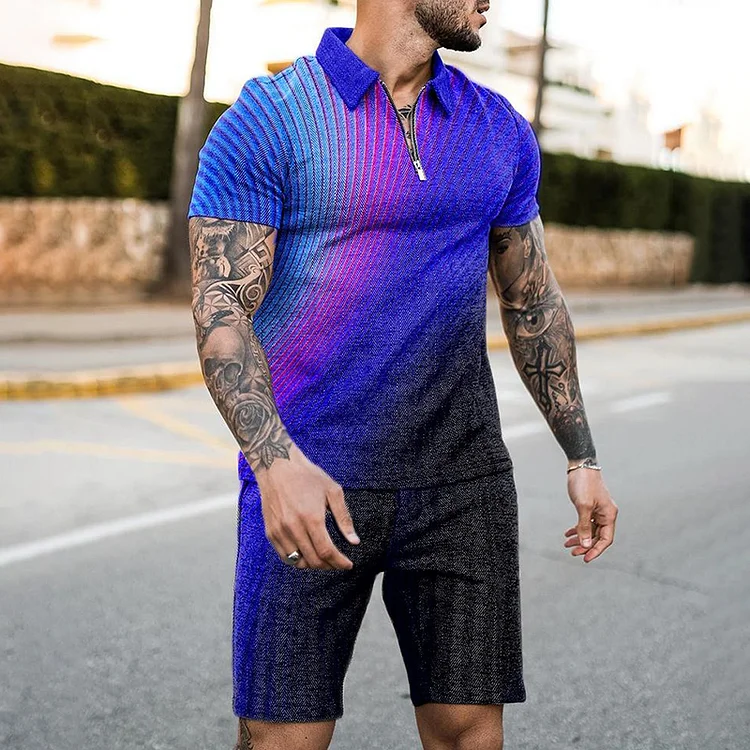 BrosWear Fashion Black Purple Gradient Print Polo Shirt And Shorts Co-Ord