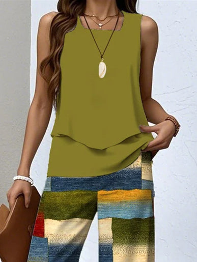 Women's Sleeveless Square Collar Graphic Printed Casual Set