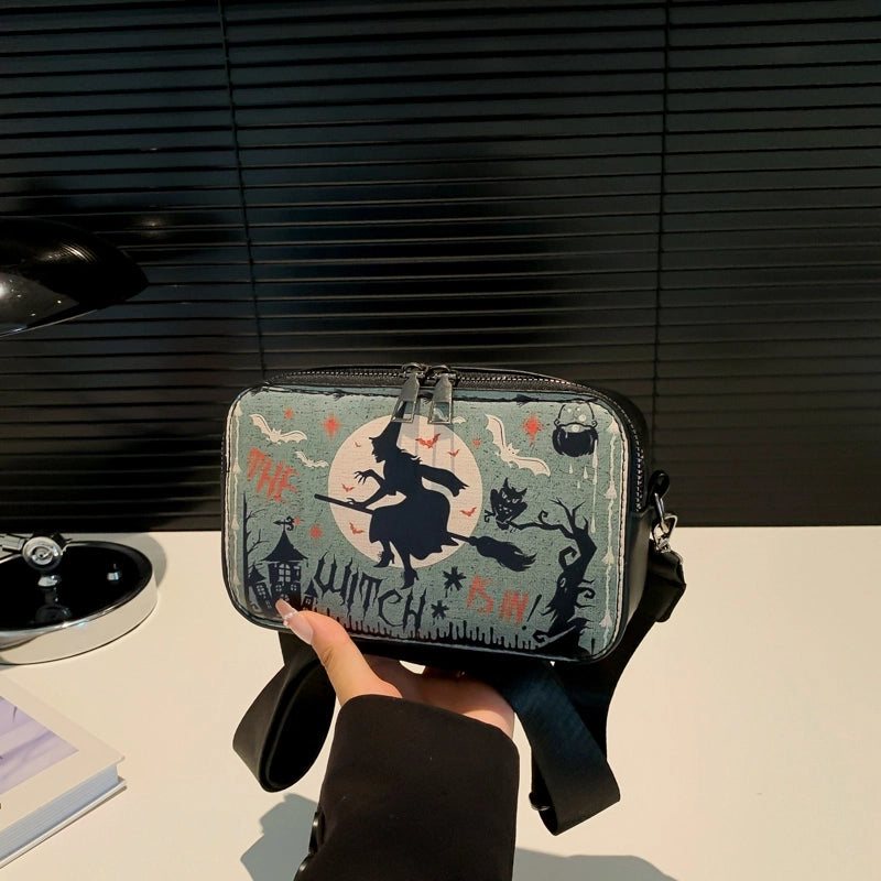 Halloween Women’s Pu Leather Pumpkin Letter Ghost Streetwear Square Zipper Shoulder Bag Crossbody Bag