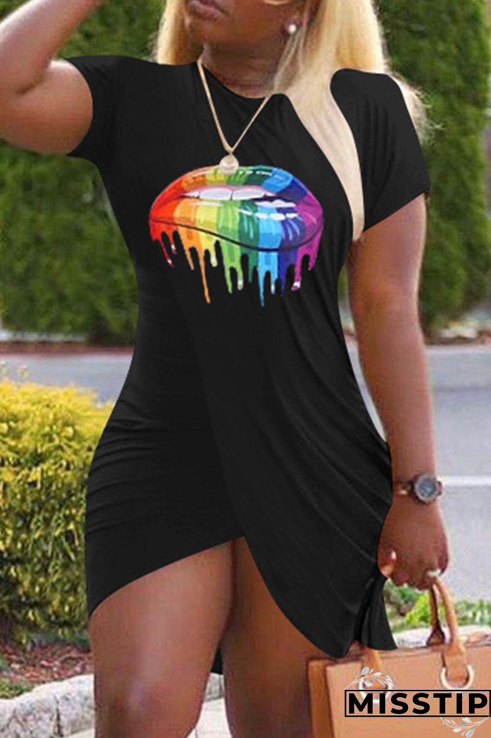 Orange Fashion Casual Lips Printed Patchwork O Neck Short Sleeve Dress Dresses
