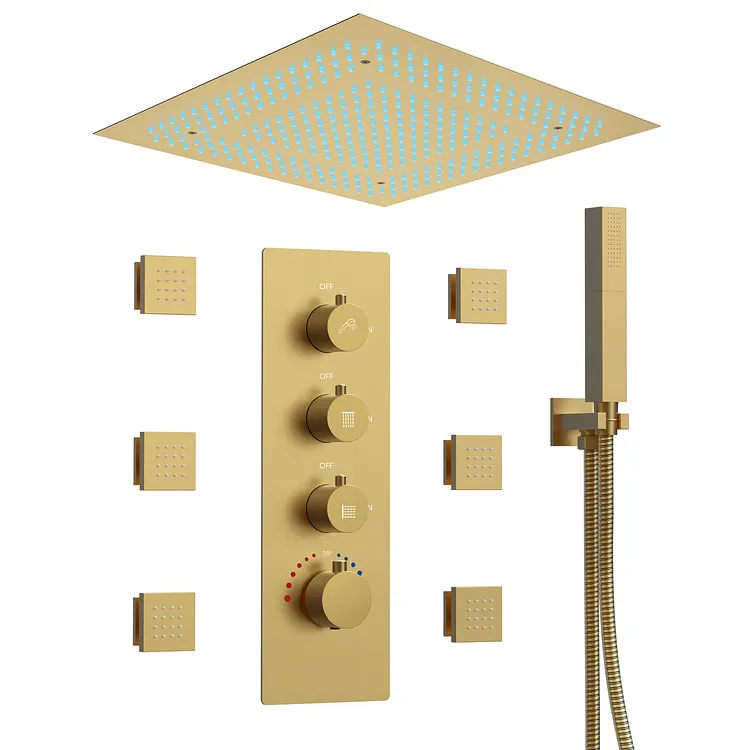 EVERSTEIN Thermostatic LED Rainfall Shower System in Brushed Gold, 20 In.