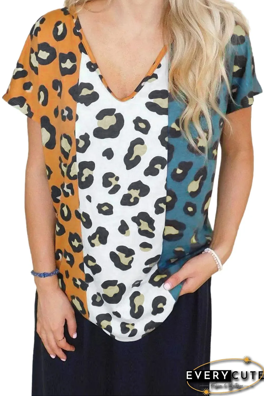 Leopard Color Block V-Neck Tee