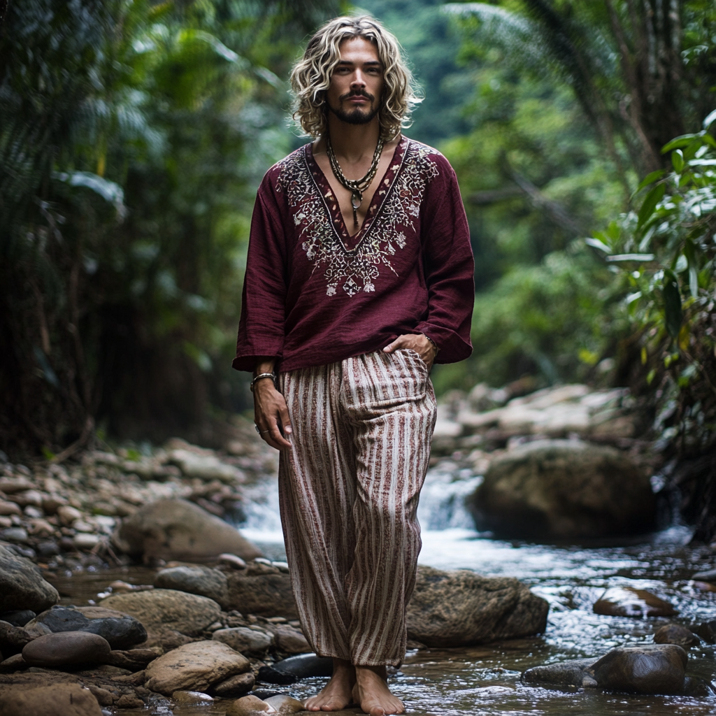 Men's Bohemian Holiday Style Vintage Ethnic Totem Print Cotton And Linen Casual Pants-inspireuse