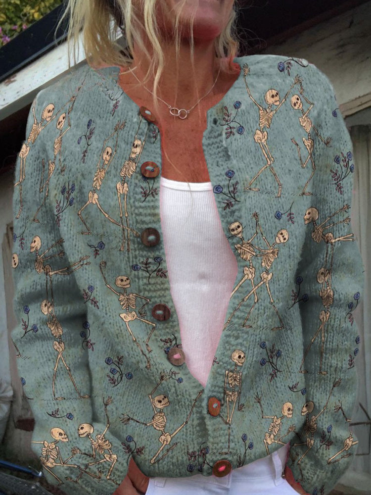 Weird Romantic Skull Pas De Deux Decorative Pattern Buttoned Cardigan Sweater