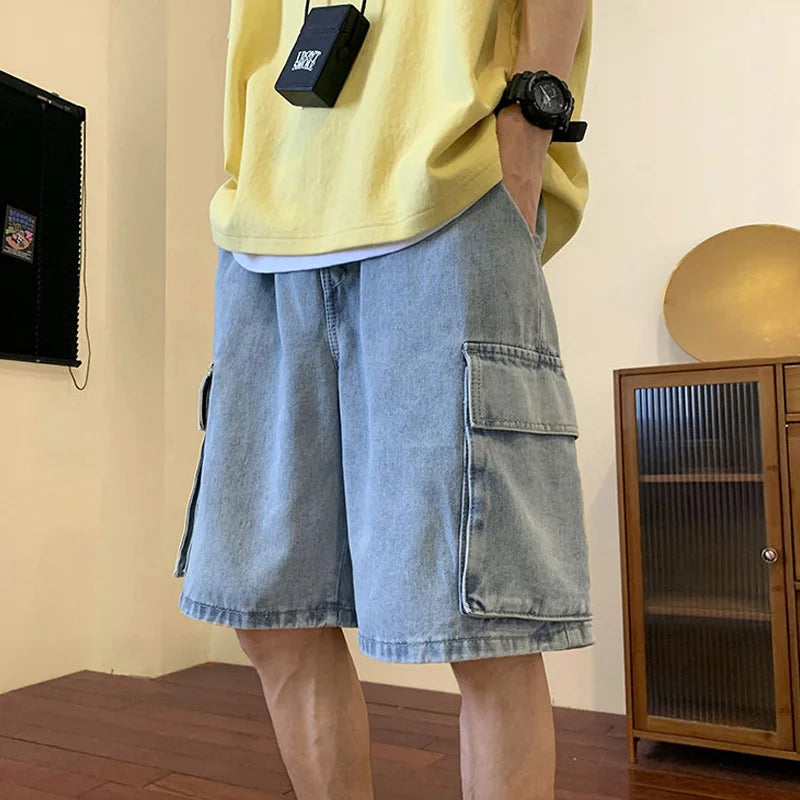Aonga Summer Men Denim Short Streetwear Vintage Korean Harajuku Pocket Jeans Shorts Hip Hop Cargo Pants Oversized Bottoms Male Clothes 0613 aonga