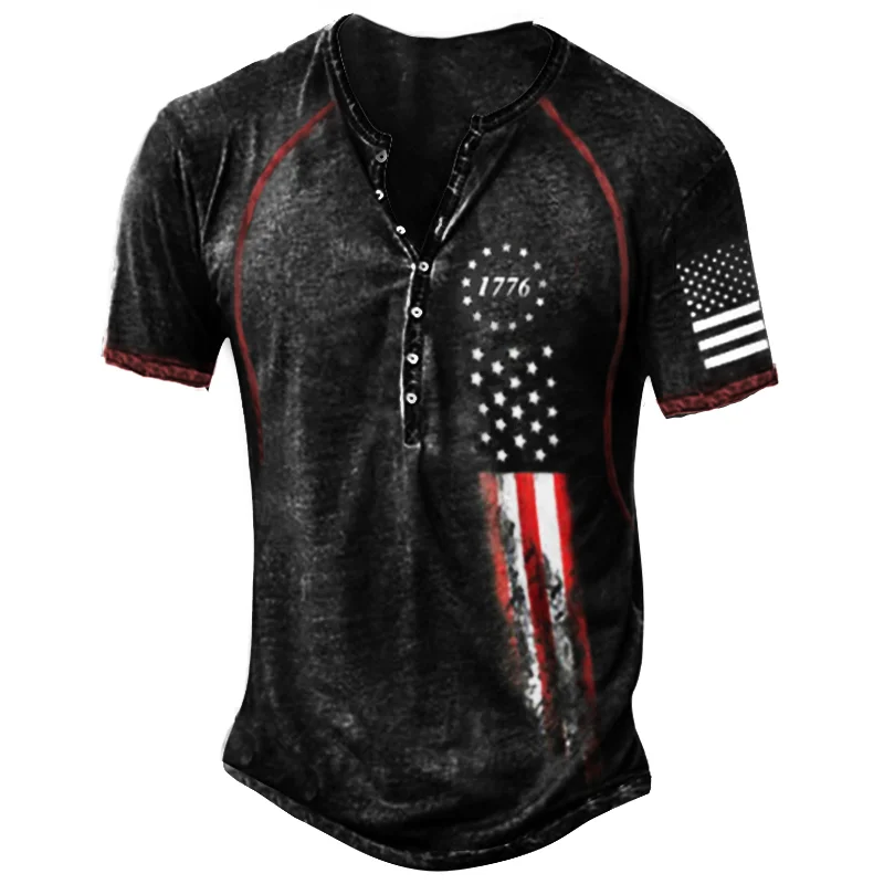 Men's 1776 Independence Day Flag Print Patriotic Henry Short Sleeve T-Shirt