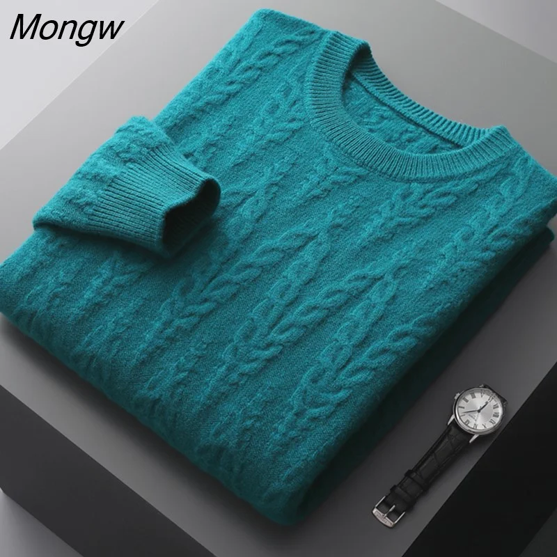 Mongw Winter 100% Cashmere Sweater Men's O-Neck Loose Pullovers Fashion New Large Size Sweaters Youth Thicken Knit Base Shirts 1109-0