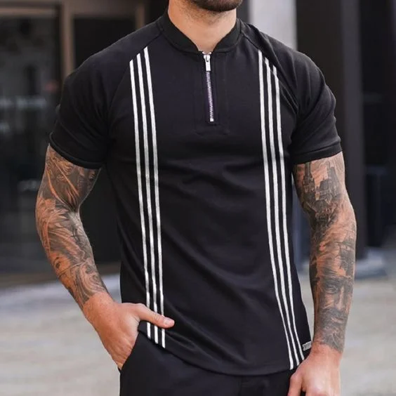 Men's Striped Contrast Zip Collar POLO Shirt