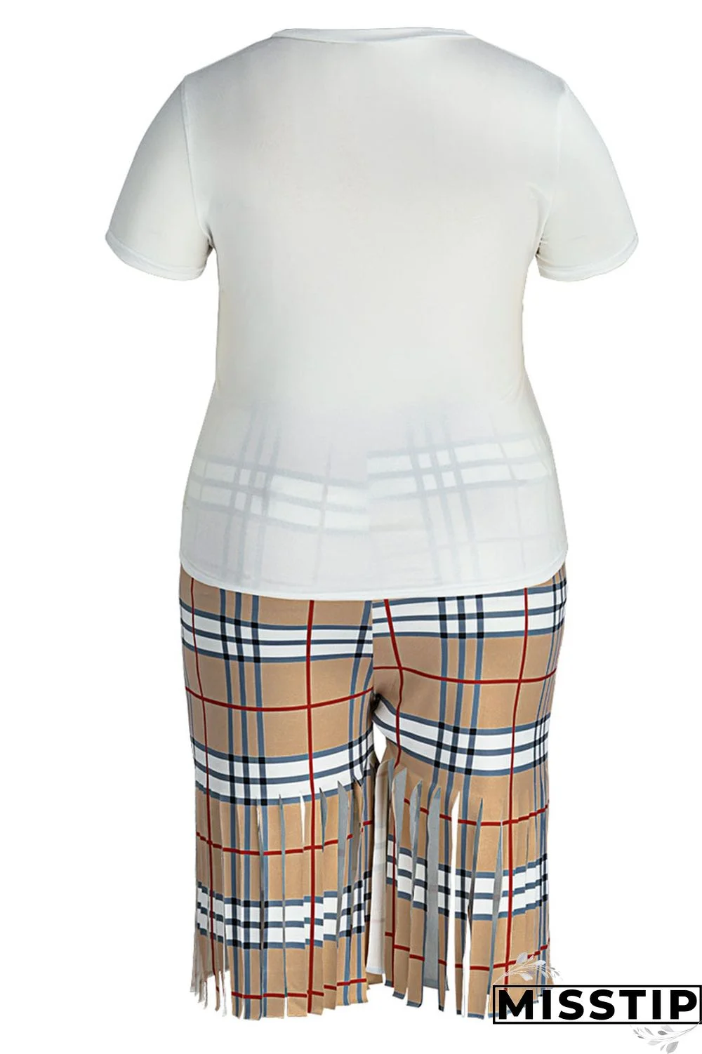 Black White Casual Street Print Tassel Patchwork O Neck Plus Size Two Pieces