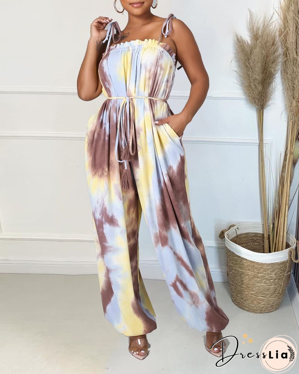 Tie Dye Frill Trim Fringe Belted Cami Jumpsuit