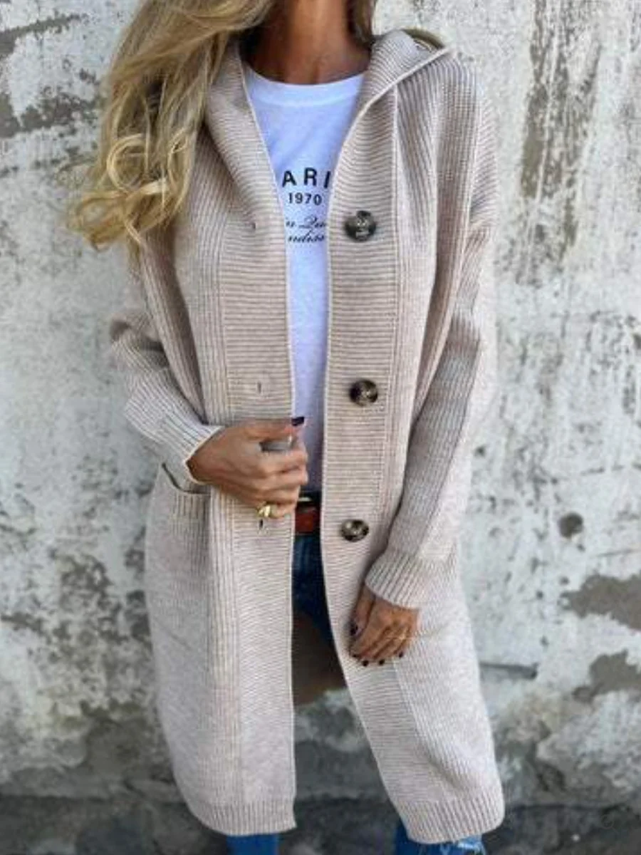 Athvotar Athvotar And Winter New Solid-Color Hooded Knitted Cardigan Women's Long-Sleeved Sweater Coat Loose Single-Dbutton Pocket Coat