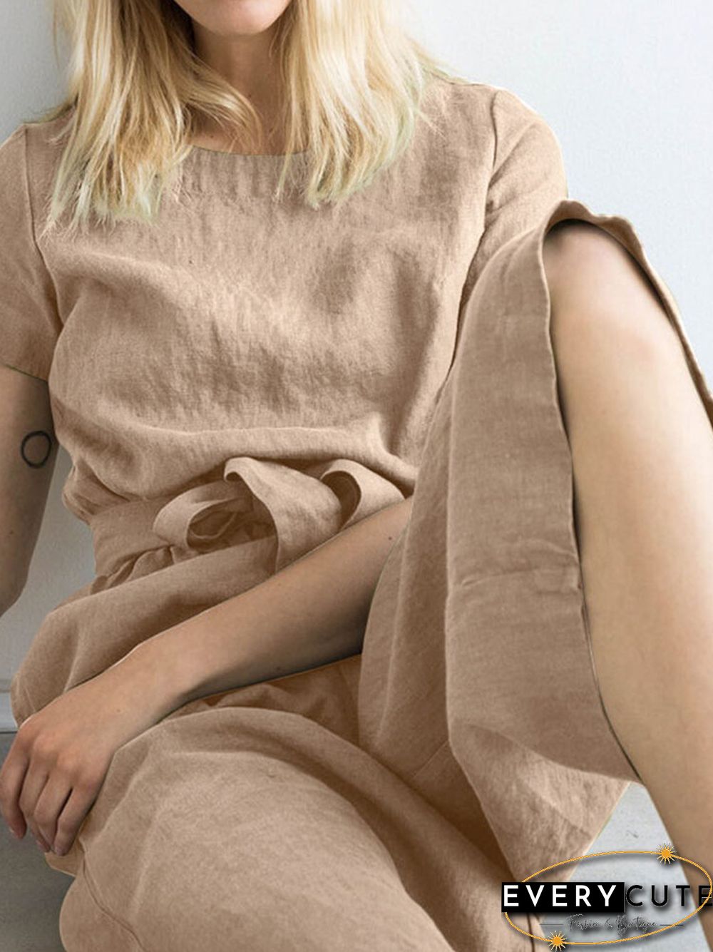 Solid Pocket Short Sleeve Wide Leg Jumpsuit With Belt