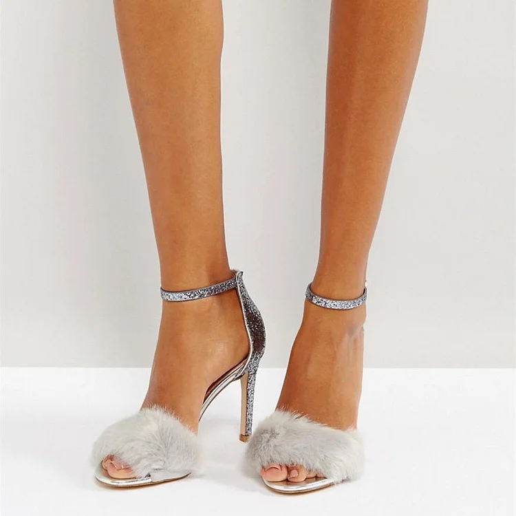 Silver Fur Heels Glitter Open Toe Stiletto Heel Ankle Strap Sandals |FSJ Shoes