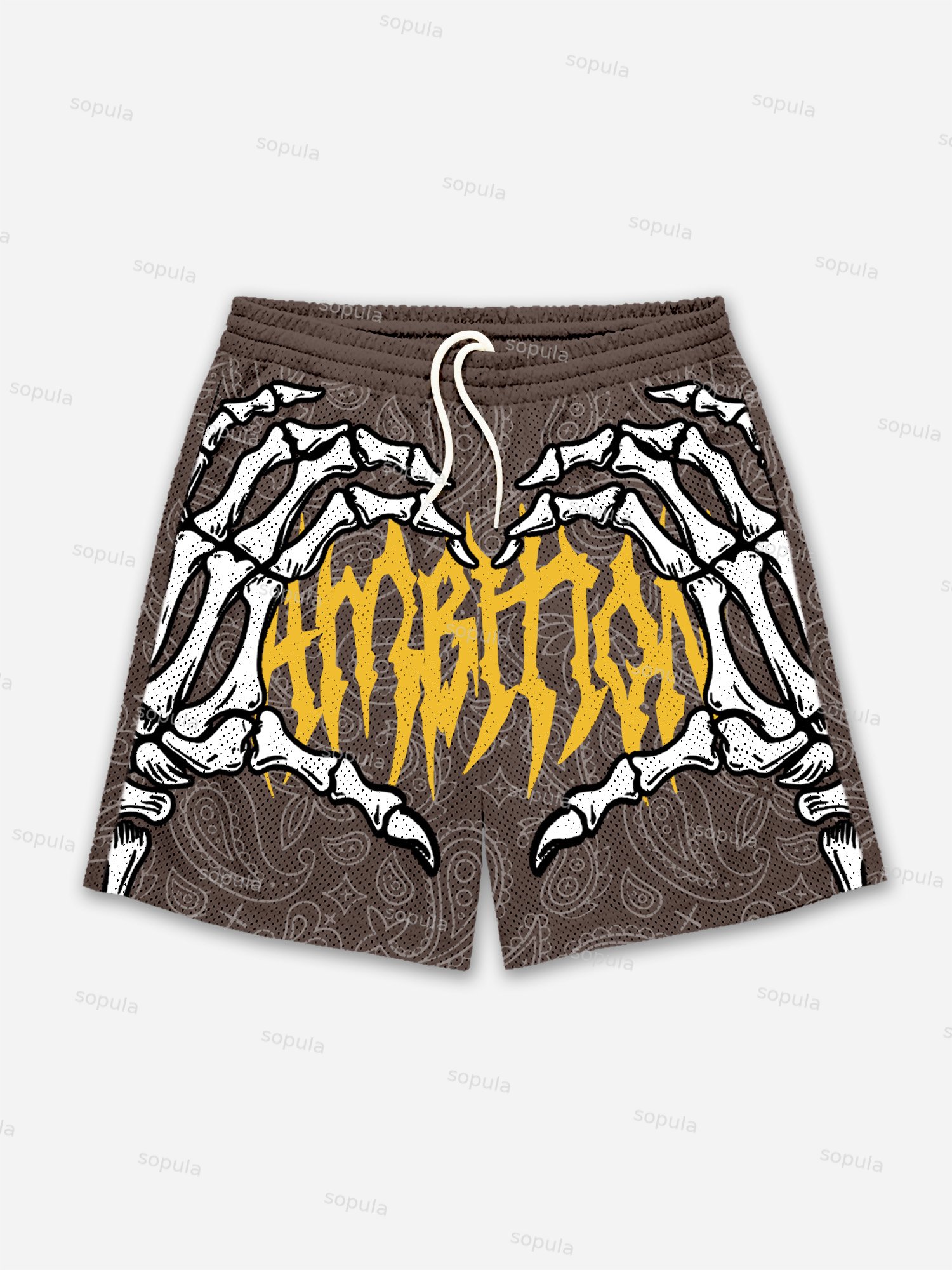 Ambition Skull Hand Cashew Flower Graphic Mesh Shorts