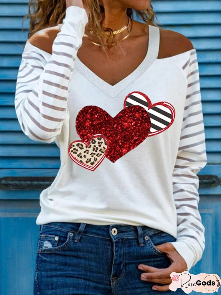 Casual Women V Neck Heart Print Blouses Shirts Elegant Hollow Out Pullover Tops