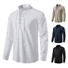 Men's Casual Stand Collar Drawstring Design Cotton Linen Henley Long Sleeve T-Shirt