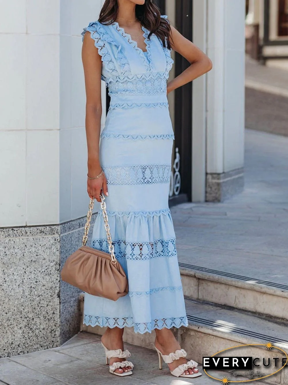 Women'S Dresses V-Neck Lace Stitching Slim Dress