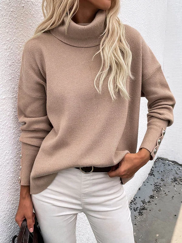 Casual Loose Solid Color High-Neck Long Sleeves Knitwear