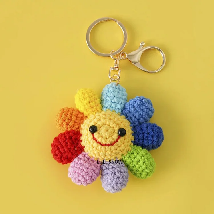 Lulusnow Handmade Adorable Rainbow Smiley Face Sunflower Crochet Key Chain Bag Accessories