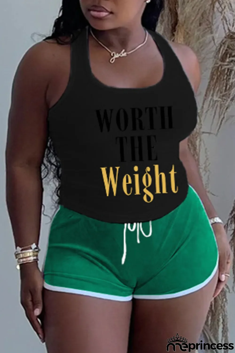 Black Plus Size Casual Letter Print Patchwork U Neck Plus Size Two Pieces