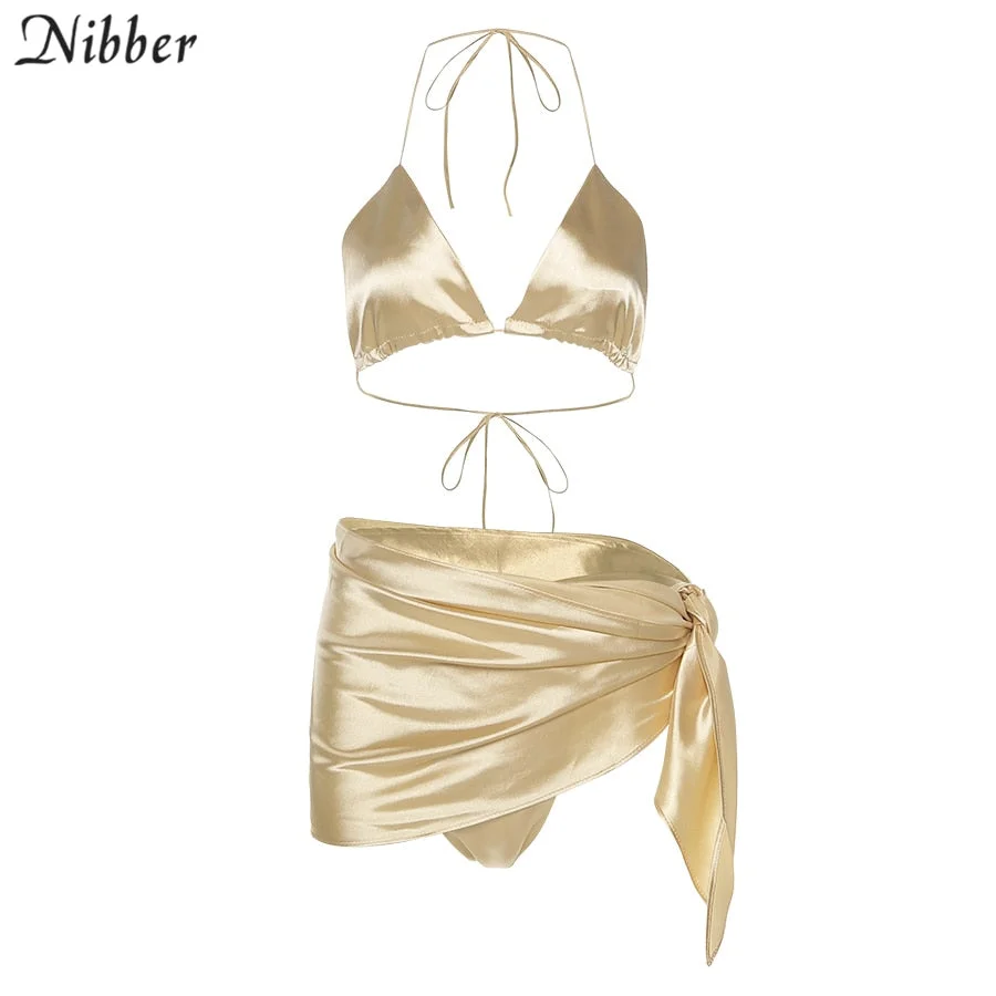 Nibber Summer Solid ColorBeach vacation Sets Wear Swimming Pool Comfortable Breathable Suit Strappy Skirt Sexy 2Two-piece Sets
