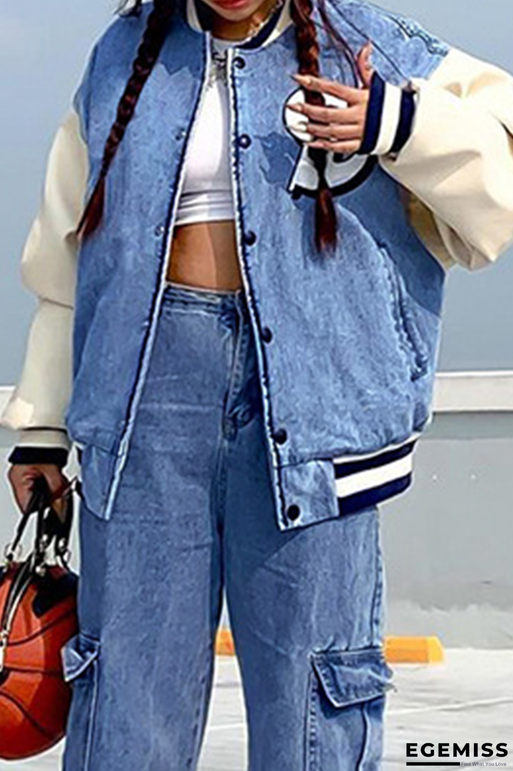 Light Blue Casual Print Patchwork Mandarin Collar Outerwear | EGEMISS