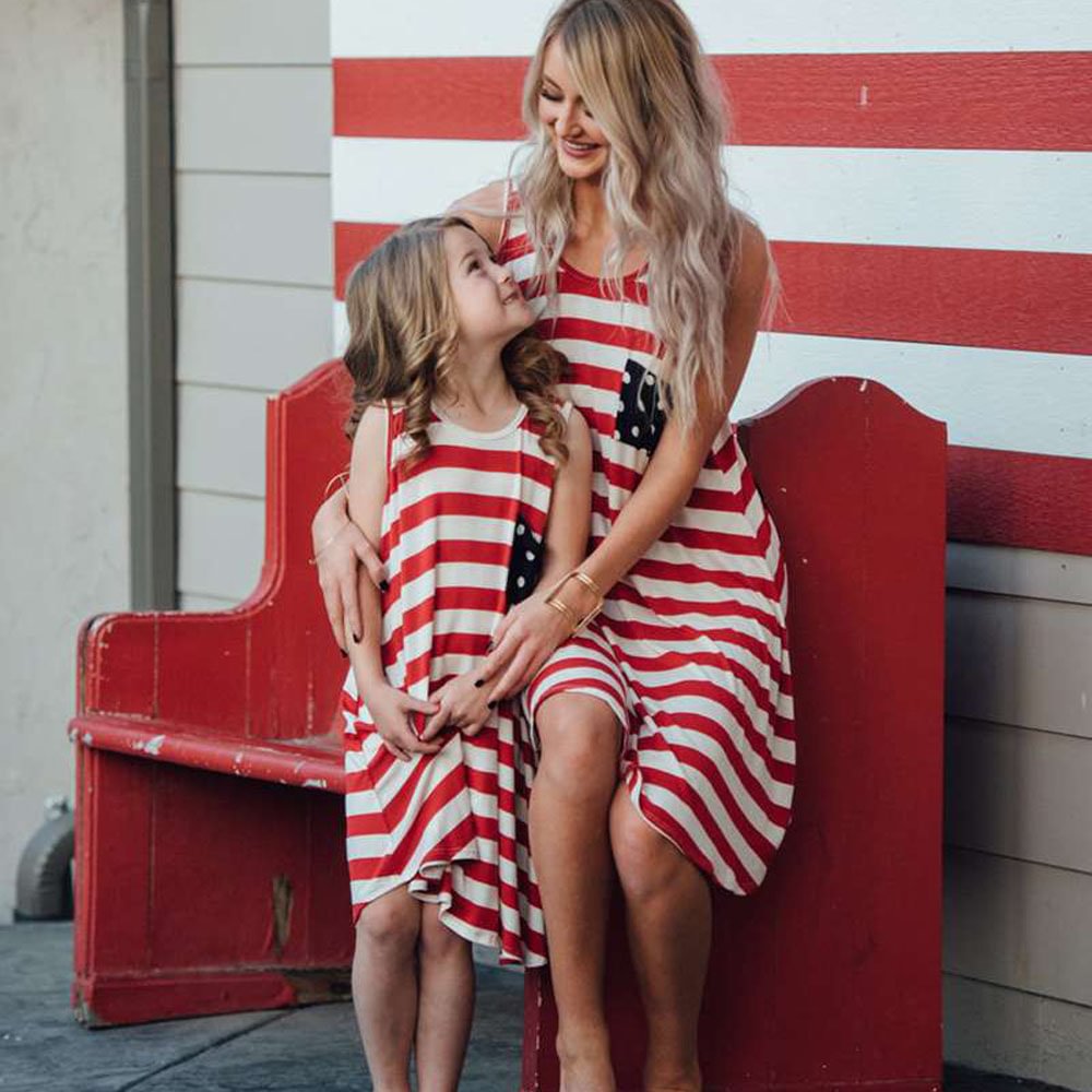Mother Daughter Dresses Elegant Mom and Daughter Dresses Summer American Flag Print Vest Dresses-Pajamasbuy
